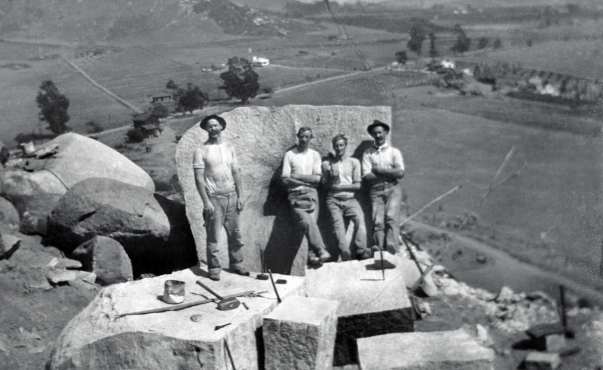 William Cameron (far left) at the granite quarry in Santee, California, circa 1920