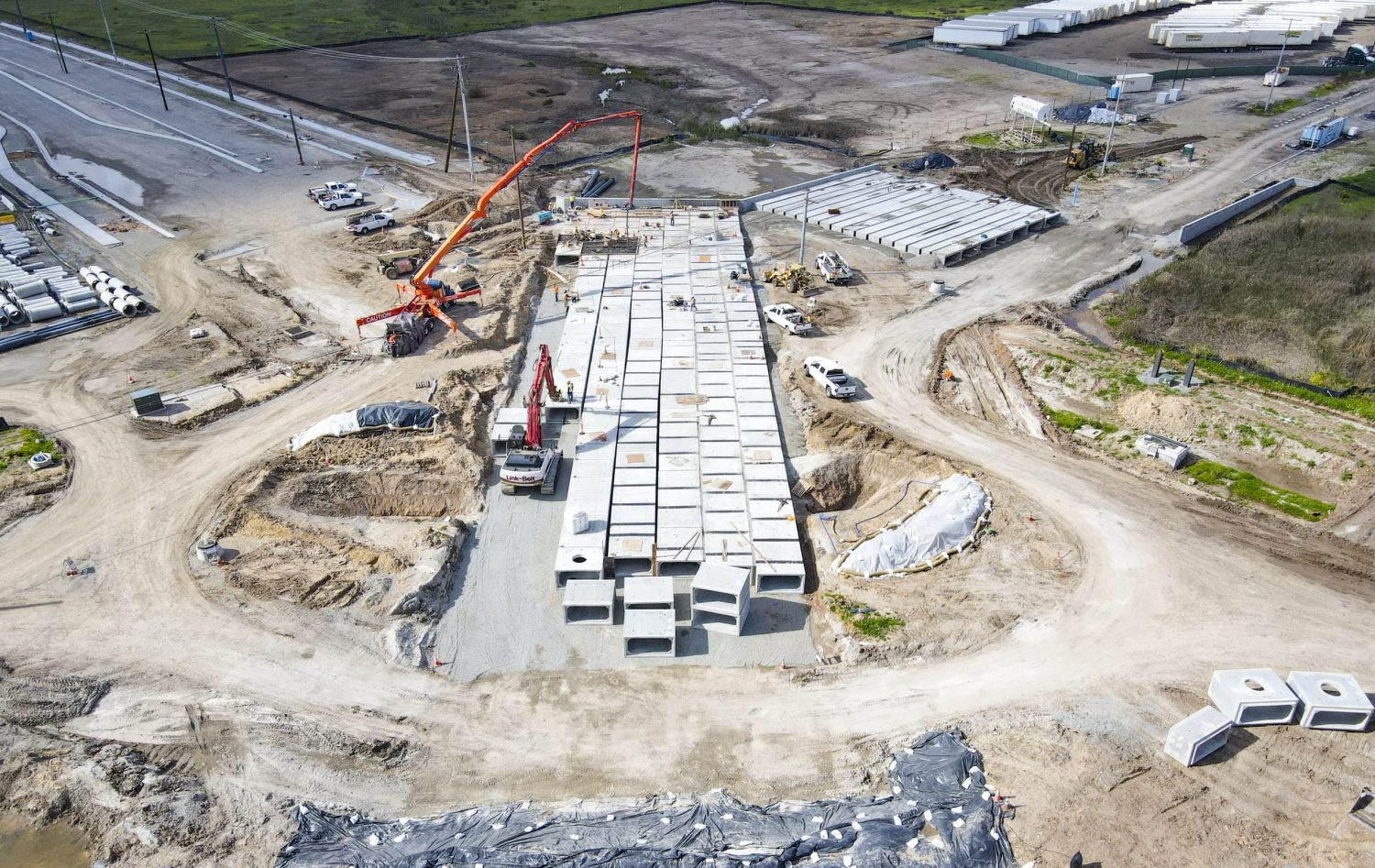 La Media Road Improvements aerial view of storm drain boxes being installed