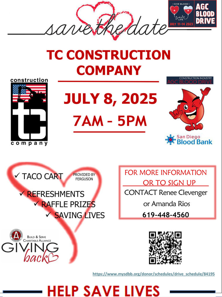 flyer for annual blood drive at TC Construction office on July 8, 2025